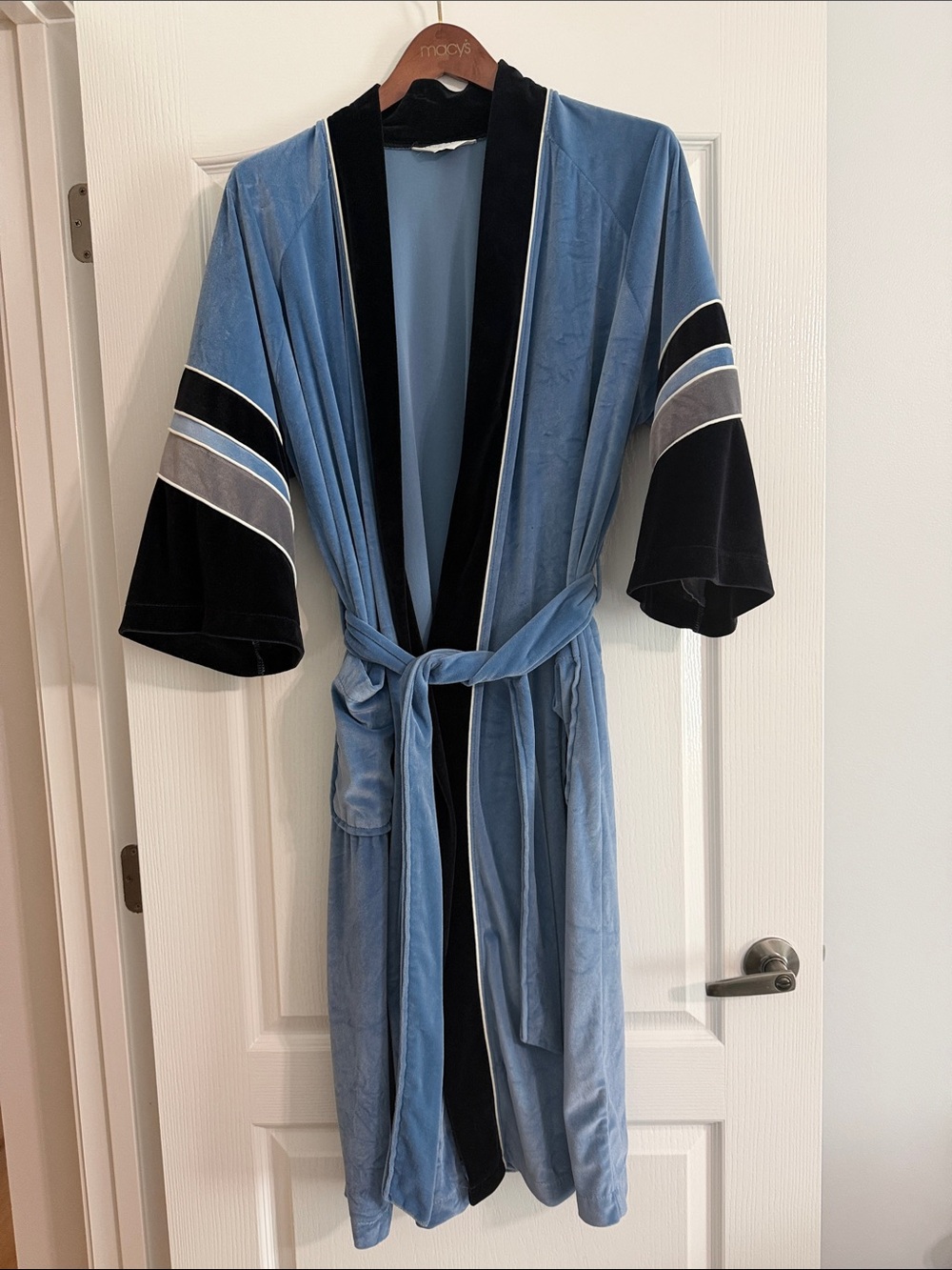 Vintage Christian Dior Blue Velour Kimono Robe with Black & Gray Accents